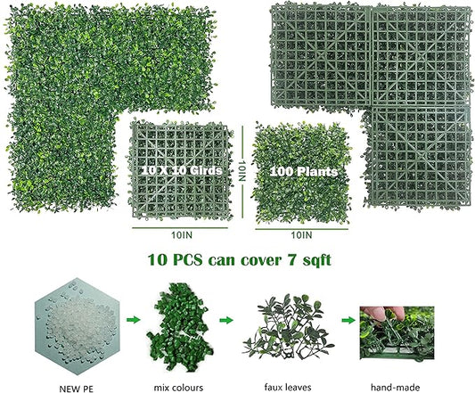 Bybeton Artificial Grass Wall Panels 10"x 10" (10Pcs), Extra-Dense for True Privacy, UV-Resistant Faux Boxwood Hedge for Outdoor Fence & Greenery Backdrop