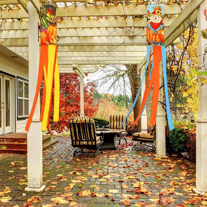 NOVWANG 2 Pcs Fall Windsocks, Scarecrows Pumpkins Wind Socks Autumn Windsocks Thanksgiving Outdoor Hanging Scarecrow Decorations for Home Farmhouse Garden Yard Decor