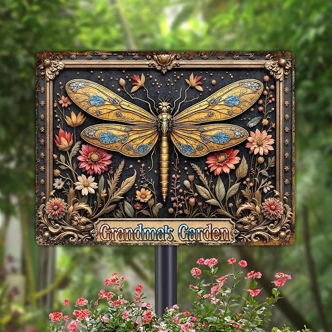Custom Garden Signs Personalized Metal Tin Sign for Women, Dragonfly Metal Sign for Outdoor, Patio, Yard Rustic Home Decor Gift for Mothers Day, Grandmas, and Gardening Lovers