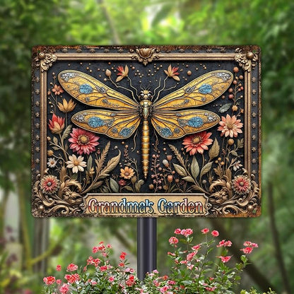 Custom Garden Signs Personalized Metal Tin Sign for Women, Dragonfly Metal Sign for Outdoor, Patio, Yard Rustic Home Decor Gift for Mothers Day, Grandmas, and Gardening Lovers