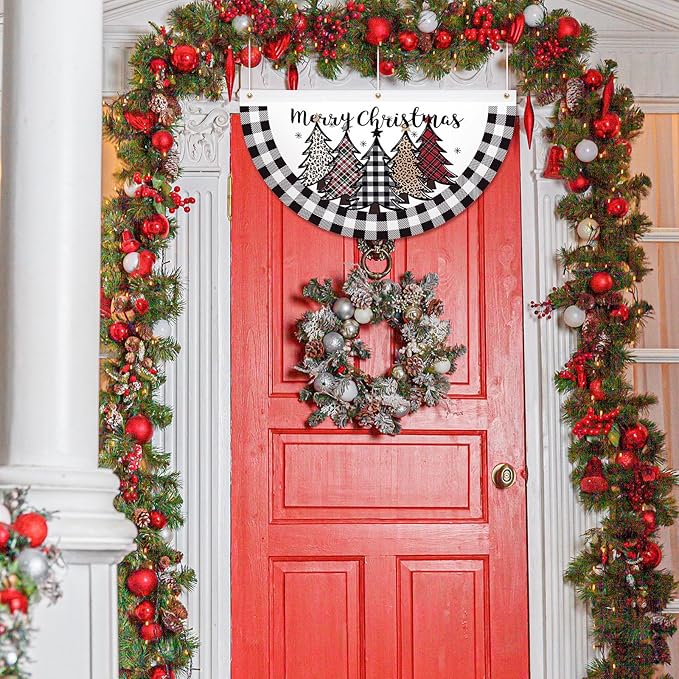 FuWeave Christmas Black and White Buffalo Plaid Bunting Fan Flag for Outside 1.5 x 3 ft Plaid Xmas Trees Hanging Flag Banner Pleated Buntings Winter Holiday for Christmas Garden Decor