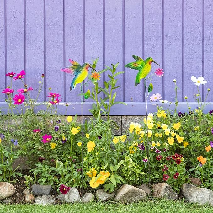 Hummingbird Metal Garden Stakes – 2 Pcs Vibrant Yard Decor with Colorful Design – Durable Lawn Outdoor Plant Picks for Flower Beds, Pathways, or Plant Pots – Great Gift for Garden & Nature Lovers