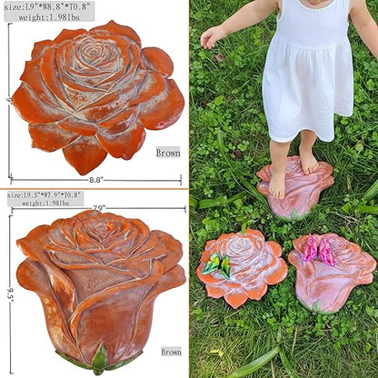 Garden Stepping Stones Outdoor Walkway – Resin Rose Flower Pavers for Path, Lawn & Backyard – Courtyard Entrance Decorative Small Statue with Artificial Flowers – Set of 2, Brown