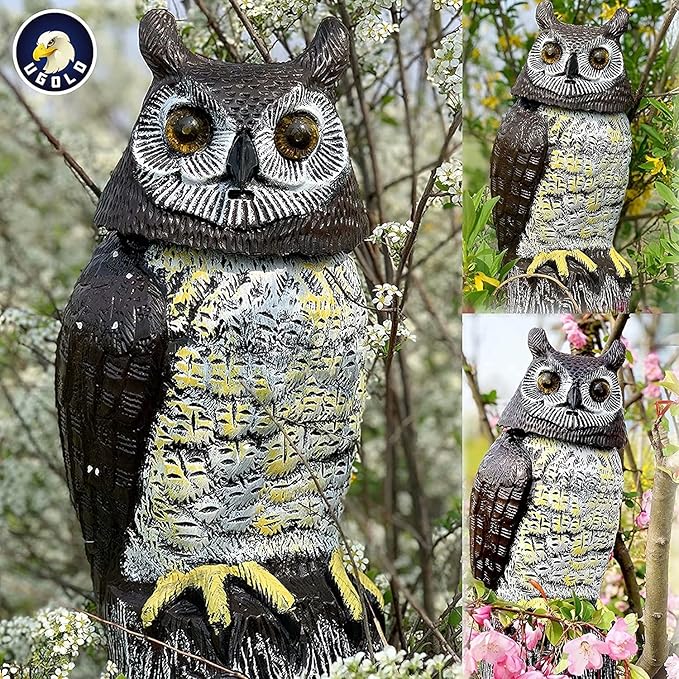 Solar Powered Owl with Motion Detection, Silent Mode, Flashing Eyes, Rotatable Head and Realistic Hoots, Plastic Owl Decoration for Home, Garden, Patio and Fence