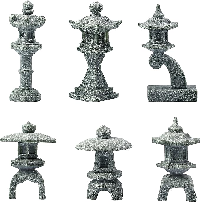 Miniature Japanese Lantern Pagoda Figurines Asian Decor Fish Tank Aquarium Ornament Fairy Garden Accessories Zen Terrarium Bonsai Decorations (6 Small Sandstone)