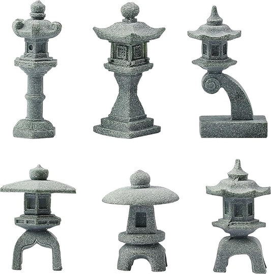 Miniature Japanese Lantern Pagoda Figurines Asian Decor Fish Tank Aquarium Ornament Fairy Garden Accessories Zen Terrarium Bonsai Decorations (6 Small Sandstone)