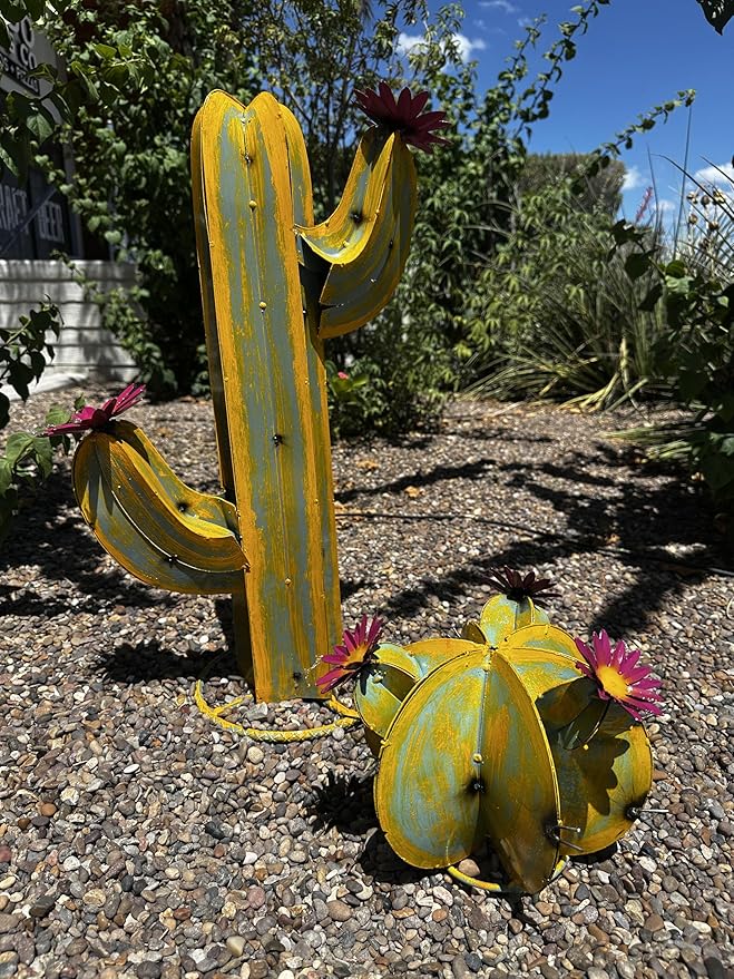 Colorful Metal Saguaro Cactus with Flowers - Handmade Garden Decor (Yellow)