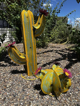 Colorful Metal Saguaro Cactus with Flowers - Handmade Garden Decor (Yellow)