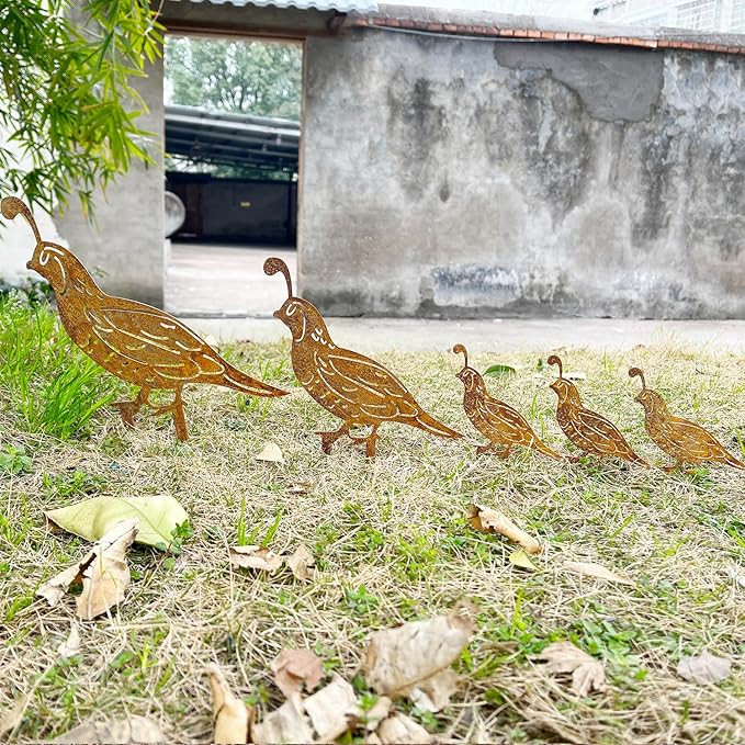 5PCS Rusty Quail Family Decorative Garden Stakes, Metal Birds Yard Decor, Bird Lover Gifts for Women Mom Grandma Wife, Metal Birds Statues Garden Sculptures and Yard Art, Patio, Lawn Ornaments
