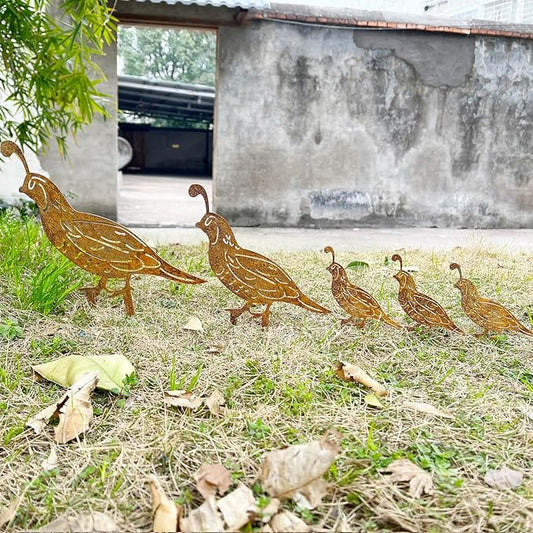 5PCS Rusty Quail Family Decorative Garden Stakes, Metal Birds Yard Decor, Bird Lover Gifts for Women Mom Grandma Wife, Metal Birds Statues Garden Sculptures and Yard Art, Patio, Lawn Ornaments