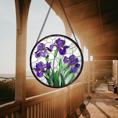 Stained Glass Window Hanging - Purple Iris Flower Sun Catcher for Door Terrace Garden Home Decor, Green Plants Suncatcher Birthday Gifts for Lovers Women Men Dad Mom Nana 11.8 in