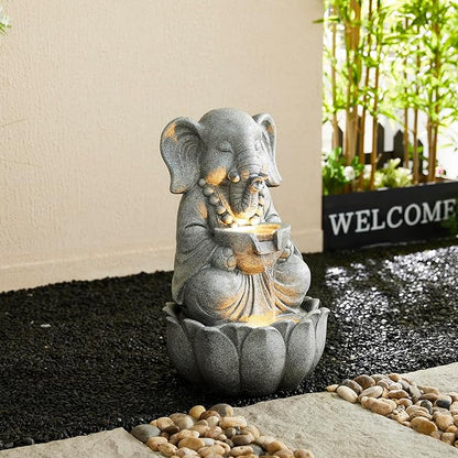 Glitzhome Outdoor Elephant Statues Garden Decorations 22" H, Zen-Style Meditative Elephant Sculpture Water Fountains LED Floor Standing Fountain Outside Elephant Statue with Birdbath for Yard Decor