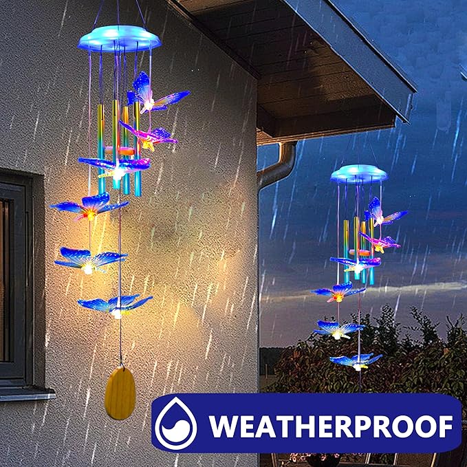 Outdoor Solar Wind Chime Decoration, Mother's Day Birthday Gifts for Grandma, Mom and Family, Outdoor Garden and Courtyard Wind Chime Accessories (Blue Butterfly)
