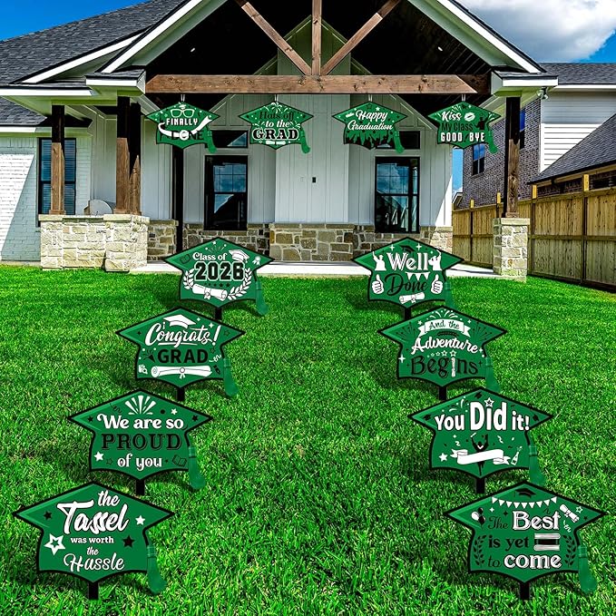 Chunful 12 Pack Graduation Yard Signs Grad Decoration 2026 Happy Graduate Lawn Garden Sign with Stake Congrats Outdoor Plastic Cap Hanging Ornament for Class Pathway Walkway Porch Party(Green)