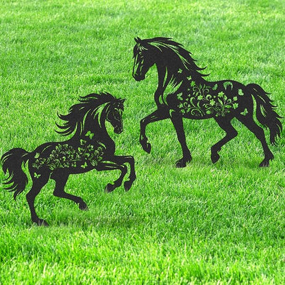 Horse Garden Stakes Decorations - 2 Pcs Metal Cool Animals Lovers Statues Decors Sets for Yard Outdoor Black Silhouette Gifts Lawn Figurines Ornaments Flowers Patio Signs Animals Sculptures