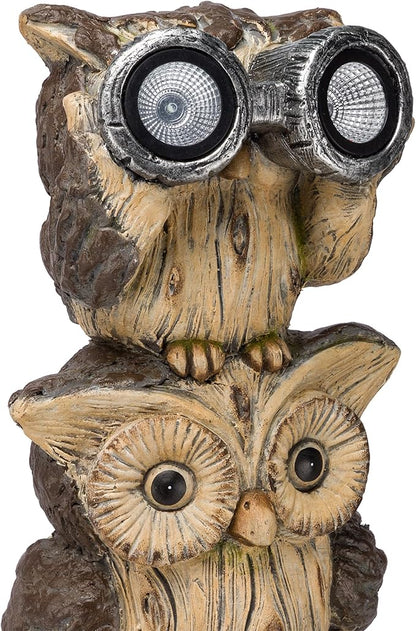 Alpine Corporation 25" Tall Outdoor Solar Powered Binocular Owls Yard Statue with LED Lights