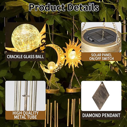 Moon Sun Wind Chimes for Outside Lights Gifts for Mom Wife Unique Crackle Glass LED Warm Light Outdoor Hanging Decor Windchimes for Garden Yard Patio Christmas Birthday Mothers Day
