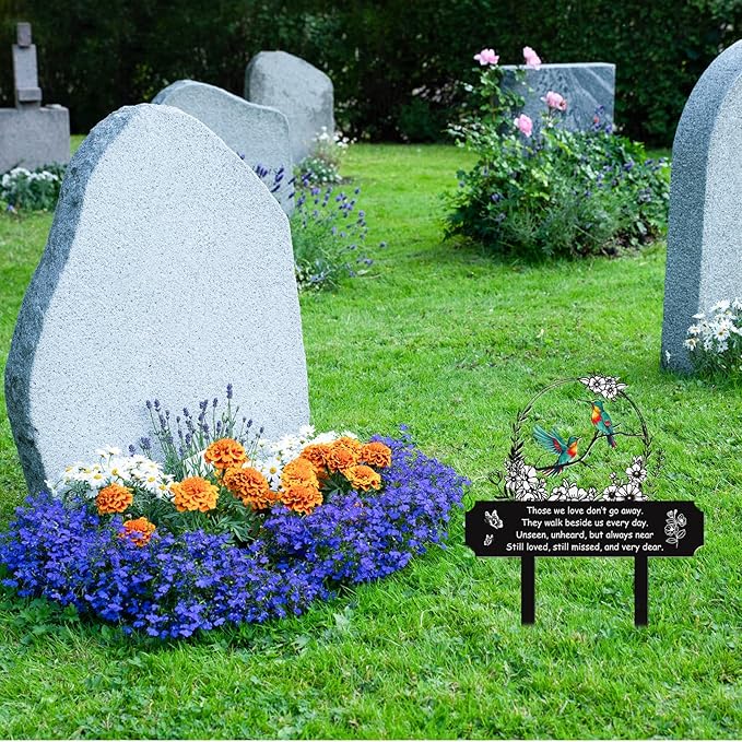 Rngmsi Hummingbird Cemetery Decorations for Grave, Bird Flower Metal Memorial Grave Markers for Humans, Memorial Plaques for Outdoors Grave Decor Sympathy Stake for Mom Dad Outside Yard Garden
