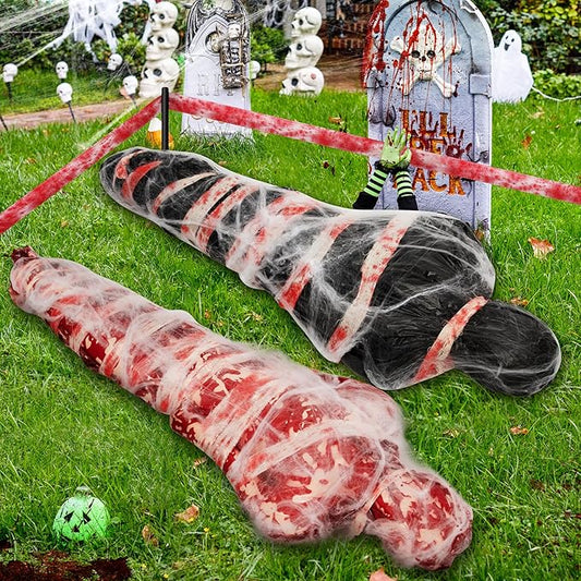 2 Sets Halloween Hanging Cocoon Corpse, 64'' Bloody Inflatable Cocoon Outdoor Decoration Set with Bandage, Scary Dead Body Prop Decor for Outdoor Halloween Party House Yard (Black,Red)