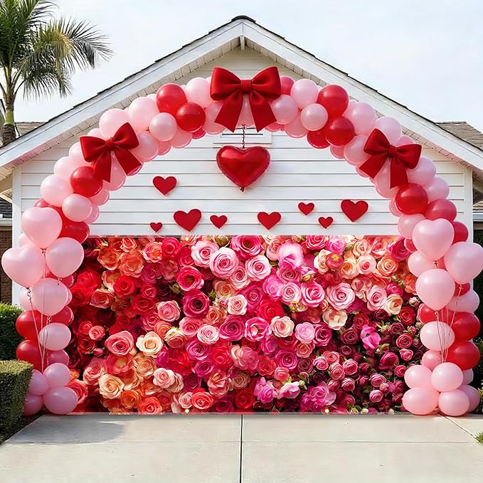 Rose Valentine Garage Door Banner 157.5x70.9in Large Floral Garage Door Cover for Outdoor Love Decorations House Exterior Yard Party Decor with Grommets and Rope