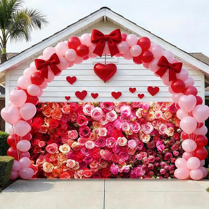 Rose Valentine Garage Door Banner 157.5x70.9in Large Floral Garage Door Cover for Outdoor Love Decorations House Exterior Yard Party Decor with Grommets and Rope