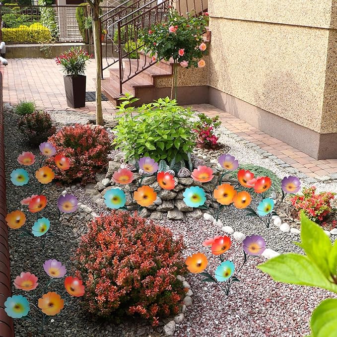 Yaocom 2 Pack Metal Flowers for Outdoor, Decorative Garden Stakes Yard Art, Outdoor Spring Garden Stake Summer Decor Bouquet of Poppy Flower Rustic Handcrafted Items for Lawn Porch Fence(Colorful)