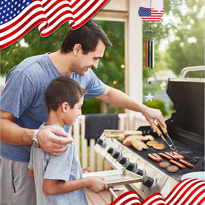 CoTa Global USA Map Flag Wind Chime - Handmade Metal Hanging Decor, Patriotic United States Ornament with Red Blue Tubes, Indoor Outdoor Porch Patio Yard Decoration - 33 Inches