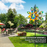 Outdoor Peacock Wind Spinners Featuring Glittering Gem Decor, 13.5" D x 65" H Double Layer Kinetic Wind Sculptures, 360° Rotatable Metal Garden Wind Spinners for Yard and Outdoor Decor Blue
