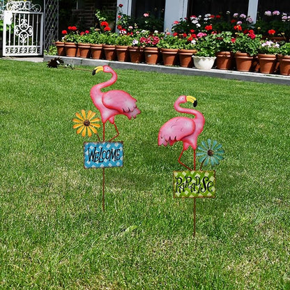 Metal Flamingo Garden Stakes Welcome Yard Sign Decorative Pink Flamingos Ornament Indoor Outdoor Party Stake Lawn Art Patio Backyard Flower Bed Decor (set of 2, S)