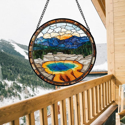 Stained Glass Window Hanging - Abstract Lake Landscape Suncatcher for Door Terrace Garden Home Decor Mountains Forests Sun Catcher Birthday Gifts for Lovers Women Men Dad Mom Nana 11.8 in