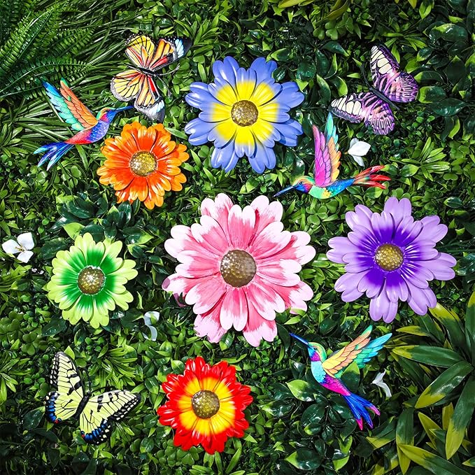 Colingmill 12 Pack Metal Flowers Butterfly Hummingbird Wall Art Decor 3D Metal Outdoor Wall Hanging Sculptures Decoration for Outdoor Garden Fence Yard Patio Indoor Living Room Balcony (Pink)
