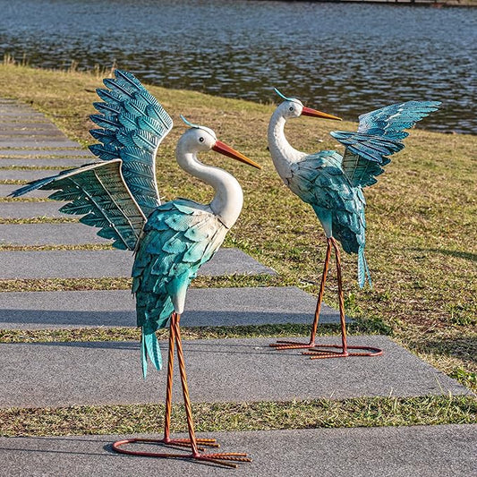 Natelf Garden Decor Blue Heron, Large Standing Metal Crane Garden Statue, Yard Art Lawn Ornaments for Yard Patio Porch Outside Decorations