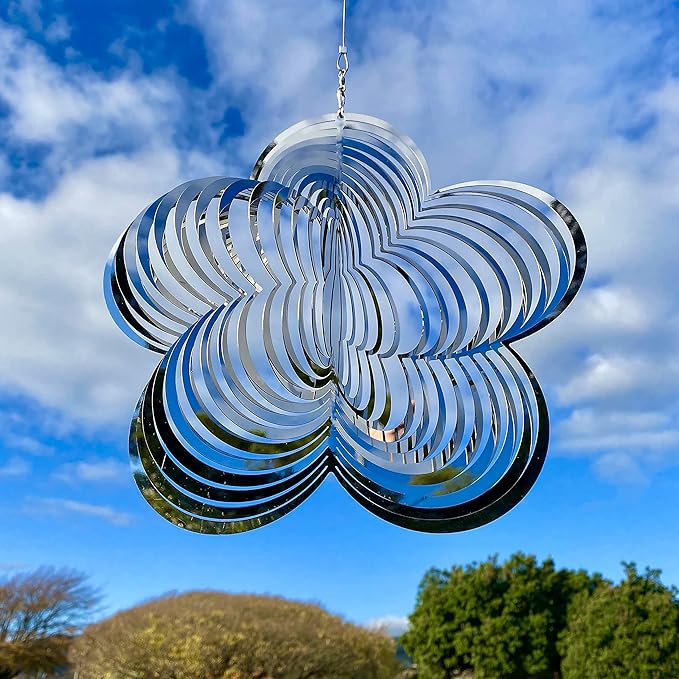 Wind Spinner Metal Garden Spinners Outdoor Garden Art for Backyard Outdoor Hanging Decor and Spinners for Yard and Garden Ornaments 3D Shape (Silver Flower)