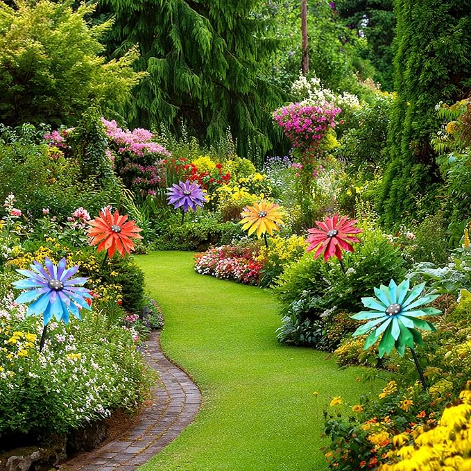 Suncalla 6 Pcs Metal Flowers Stakes Garden Decor for Outside 24 Inch Colorful 3D Zinnia Flowers Yard Art Decor for Spring Outdoor Lawn Porch Pathway Patio Decoration