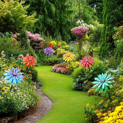 Suncalla 6 Pcs Metal Flowers Stakes Garden Decor for Outside 24 Inch Colorful 3D Zinnia Flowers Yard Art Decor for Spring Outdoor Lawn Porch Pathway Patio Decoration
