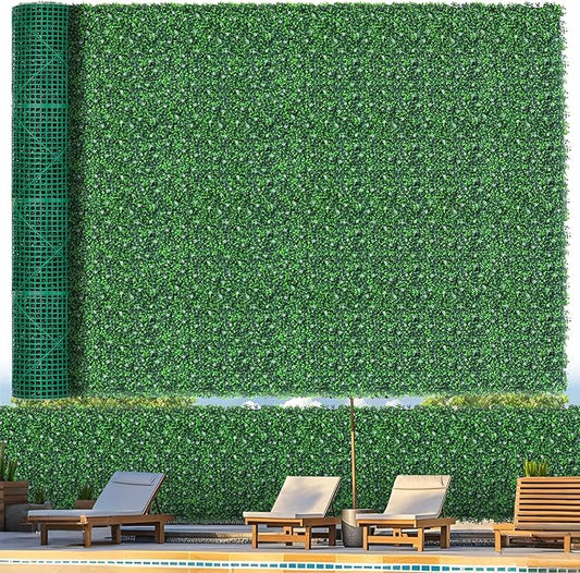 Grooy 71"x 126"(62 sq.ft) Artificial Boxwood Roll Panels with Flowers, UV-Anti Faux Ivy Leaves Privacy Fence Screen, Grass Wall Roll Panels for Indoor Home Decor and Outdoor Garden Backyard