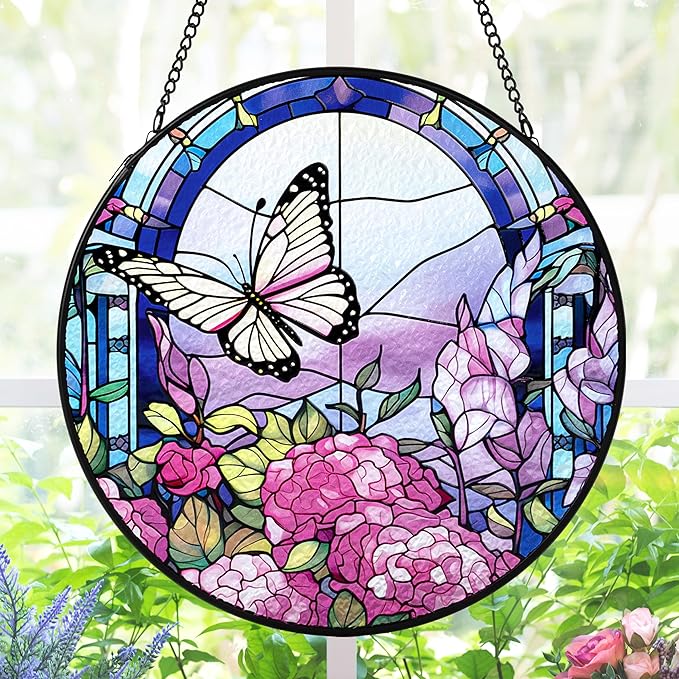 AELS Stained Glass 7.87" Round Suncatcher, Colorful Sun Catcher for Home Garden Window Decor, Window Hanging Ornament Gift for Friends and Family, Butterfly