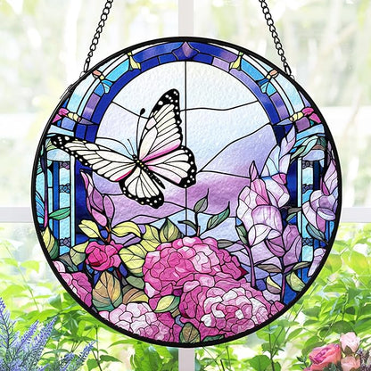 AELS Stained Glass 7.87" Round Suncatcher, Colorful Sun Catcher for Home Garden Window Decor, Window Hanging Ornament Gift for Friends and Family, Butterfly