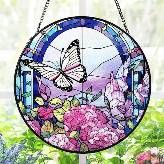 AELS Stained Glass 7.87" Round Suncatcher, Colorful Sun Catcher for Home Garden Window Decor, Window Hanging Ornament Gift for Friends and Family, Butterfly