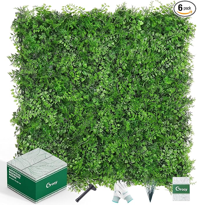 Grooy 20"x20" Artificial Hedge Grass Wall, 6PCS Boxwood Panels, Greenery Backdrop Panles, UV Protected Privacy Fence Screen, Green Wall Decor for Outdoor Indoor Wedding Décor