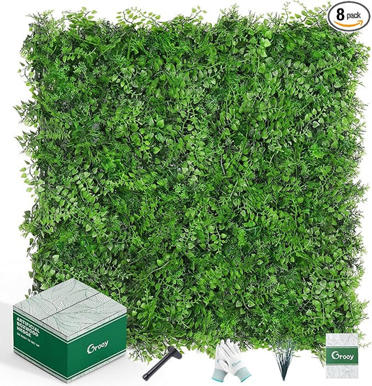 Grooy 20"x20" Artificial Hedge Grass Wall, 8PCS Boxwood Panels, Greenery Backdrop Panles, UV Protected Privacy Fence Screen, Green Wall Decor for Outdoor Indoor Wedding Décor