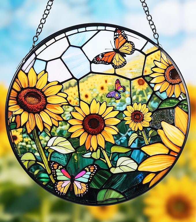 Stained Glass Window Hanging, Sunflowers Suncatcher 7.8 in Sun Catcher Glass Panel Boho Wall Art Decor with Chain Diamond Glass Panel Hangings Scenery Sun Catchers Decor for Lover Couple Mom
