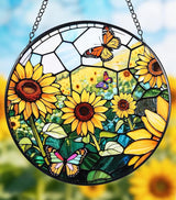 Stained Glass Window Hanging, Sunflowers Suncatcher 7.8 in Sun Catcher Glass Panel Boho Wall Art Decor with Chain Diamond Glass Panel Hangings Scenery Sun Catchers Decor for Lover Couple Mom