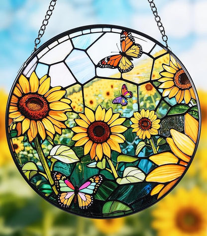 Stained Glass Window Hanging, Sunflowers Suncatcher 7.8 in Sun Catcher Glass Panel Boho Wall Art Decor with Chain Diamond Glass Panel Hangings Scenery Sun Catchers Decor for Lover Couple Mom