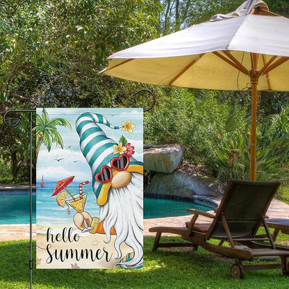Heyfibro Hello Summer Gnome with Cocktail Garden Flag 12x18 Double Sided Burlap, Hawaii Tropical Beach Holiday Ocean Sea Welcome Flower Yard Banner for Seasonal Outdoor Party Decoration(ONLY FLAG)