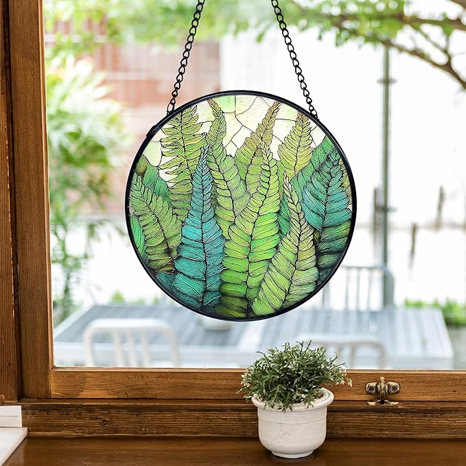 TNUW Fern Plant Stained Glass Window Hanging, Gifts for Plant Lovers Sun Catchers Indoor Window Glass Round Wall Art Decor, Fern Botanical Wall Hanging Decorations, 7.9＂x7.9＂