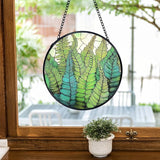 TNUW Fern Plant Stained Glass Window Hanging, Gifts for Plant Lovers Sun Catchers Indoor Window Glass Round Wall Art Decor, Fern Botanical Wall Hanging Decorations, 7.9＂x7.9＂