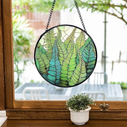 TNUW Fern Plant Stained Glass Window Hanging, Gifts for Plant Lovers Sun Catchers Indoor Window Glass Round Wall Art Decor, Fern Botanical Wall Hanging Decorations, 7.9＂x7.9＂