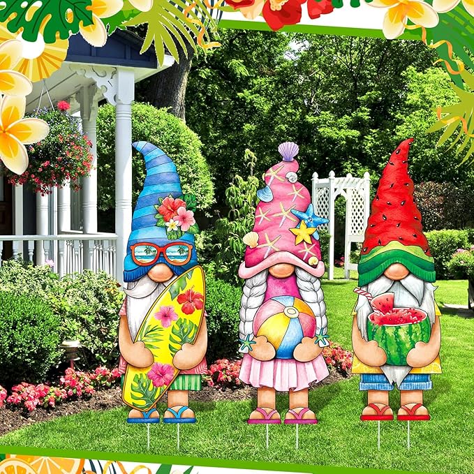 Umigy 3 Pcs Summer Gnome Yard Sign 32 x 10 Inch Outdoor Summer Yard Decor with Stakes Watermelon Beach Ball Surfboard Gnome Lawn Sign Yards Art Stakes for Outdoor Lawn Backyard Porch Garden Decoration