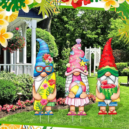 Umigy 3 Pcs Summer Gnome Yard Sign 32 x 10 Inch Outdoor Summer Yard Decor with Stakes Watermelon Beach Ball Surfboard Gnome Lawn Sign Yards Art Stakes for Outdoor Lawn Backyard Porch Garden Decoration